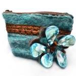 Merino And Silk Felt Teal Purse With Pearl Shell..