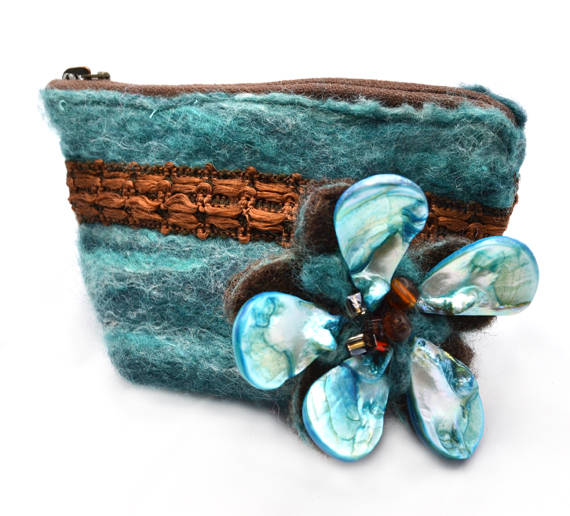 Merino And Silk Felt Teal Purse With Pearl Shell Brooch
